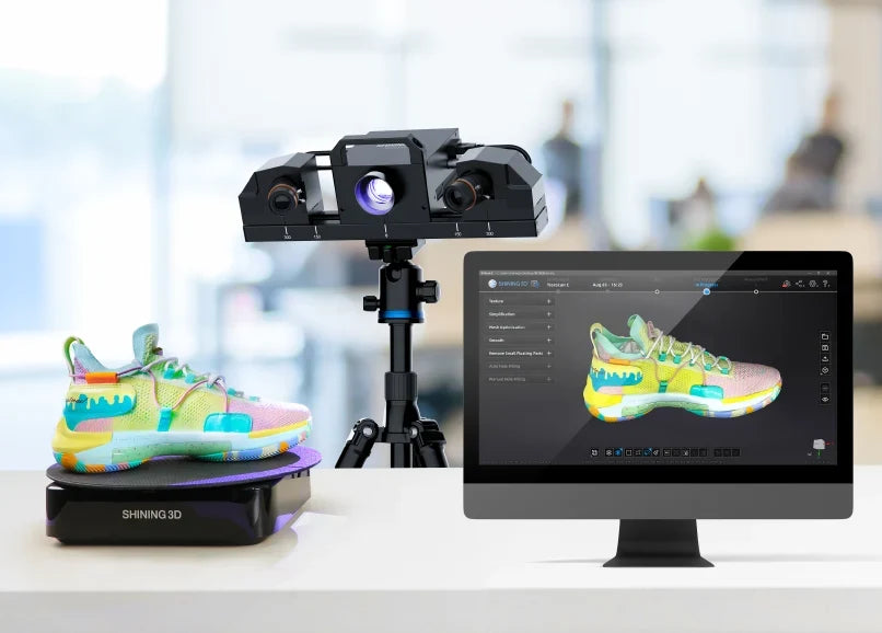 Transcan C scanning a full-color athletic shoe on the automatic turntable