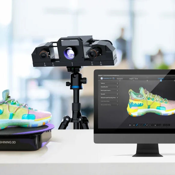 Transcan C scanning a full-color athletic shoe on the automatic turntable