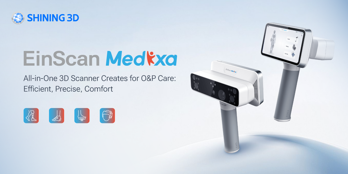 Front and rear views of EinScan Medixa showing its scanner head and integrated touchscreen