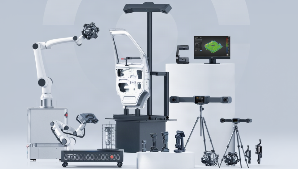Promotional graphic for the Shining 3D Metrology Solution, featuring a central rendering of multiple optical and measurement devices on a light gray background, with the Shining 3D logo at the top right. Below the devices are four circular certification logos, and at the bottom are three QR codes labeled FDA-cleared, ISO 13485, and ISO 9001.