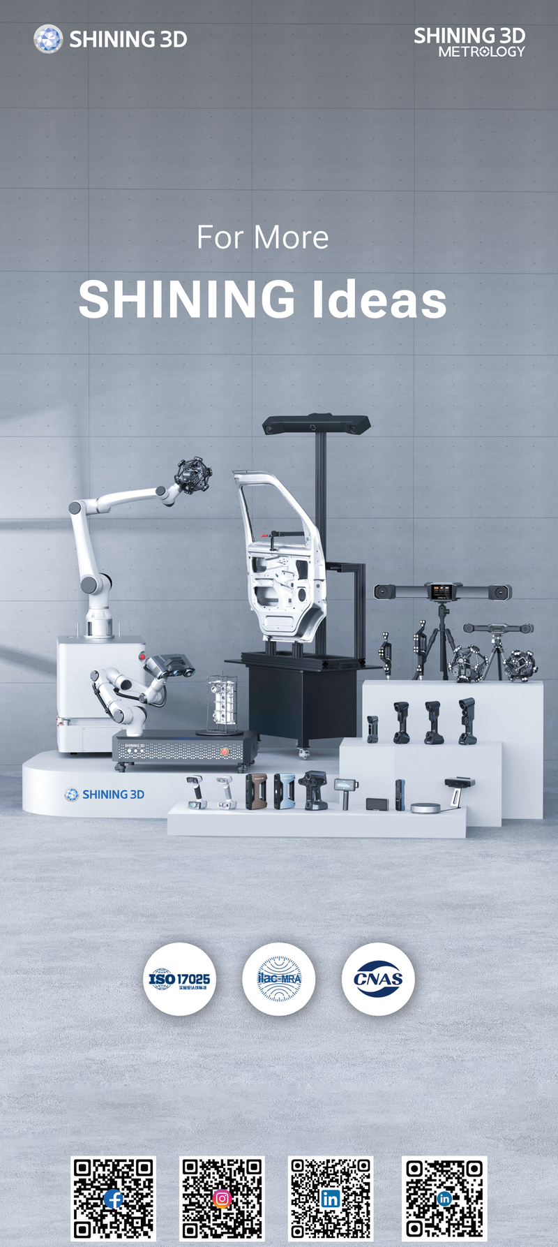 Promotional banner for SHINING 3D Metriology showcasing various 3D optical measurement devices, including a 3D keratometer, a 3D lens maker, and a 3D contact lens trainer, arranged on white and gray platforms against a gray studio background. The SHINING 3D logo is visible at the top, and certification logos for ISO 17825, ISO 17826, and ISO 17828 are displayed at the bottom along with QR codes.