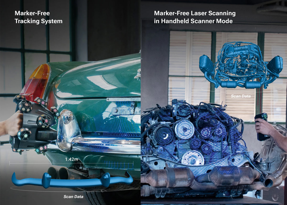 Scan without surface markers in tracking mode and on feature-rich objects in handheld mode