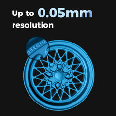 EinScan Trak wheel scan showing resolution up to 0.05 mm