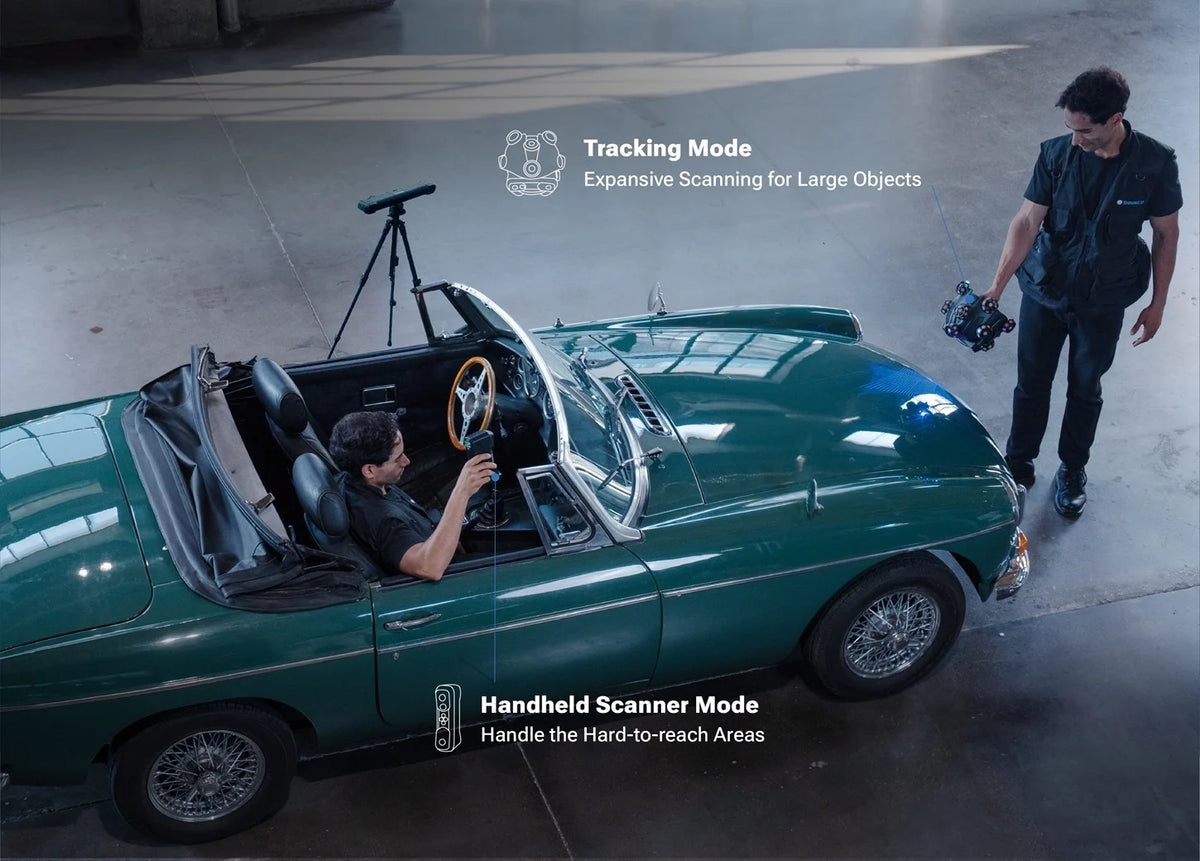 EinScan Trak tracking mode and detachable handheld mode around a classic car