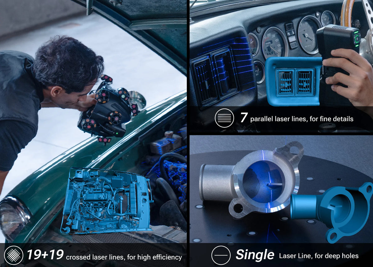 Capture broad surfaces, fine edges, and deep holes with 19 + 19 crossed lines, 7 parallel lines, and 1 single laser line
