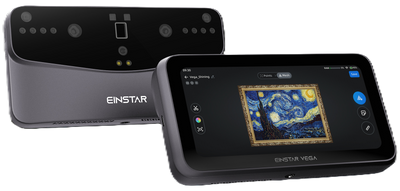 Two Einstar handheld scanners shown on a white background, one displaying its back panel and the other showing the front screen with a scanned artwork preview.