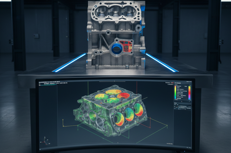 Industrial 3D scanning workflow showing machined part and scan-to-CAD visualization