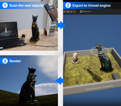 Promotional graphic for the EINSTAR Shining GD handheld device, showing a hand holding the device on the left and a three-step workflow on the right illustrating scanning real objects, exporting to Unreal Engine, and rendering game assets. The right side includes screenshots of the Unreal Engine interface.