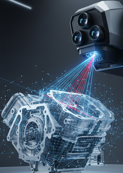 3D scanner scanning a mechanical engine block with a futuristic background