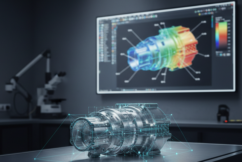 Industrial 3D scanning inspection workflow with machined part and dimensional analysis visualization.