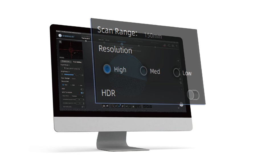 EXScan C interface showing high, medium, and low resolution settings for Transcan C
