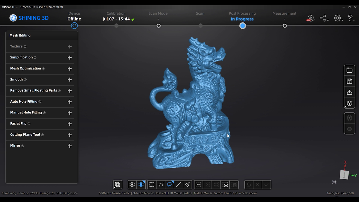Point-cloud editing and mesh generation for EinScan H2 scan data
